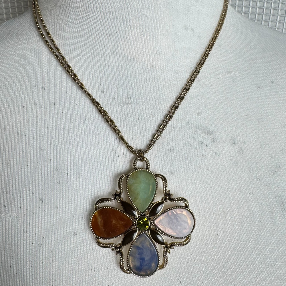 Vintage Monet Necklace Maltese Cross Cabochon Clover Gold Tone Signed Pendant